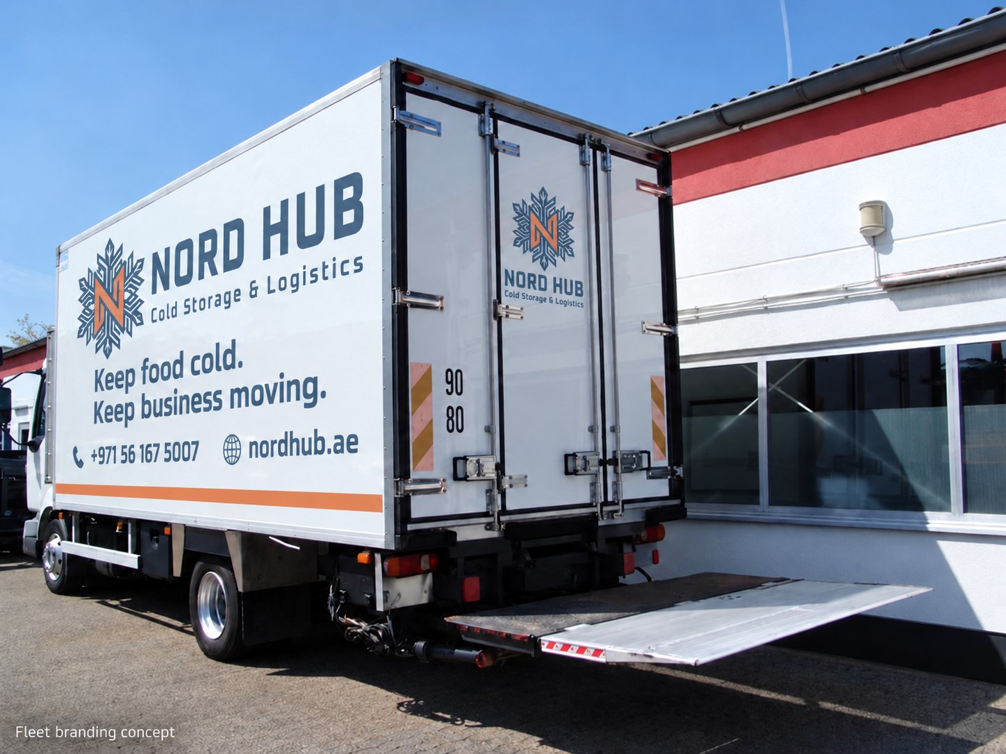 Illustrative Nord Hub branding on a refrigerated delivery truck beside a building