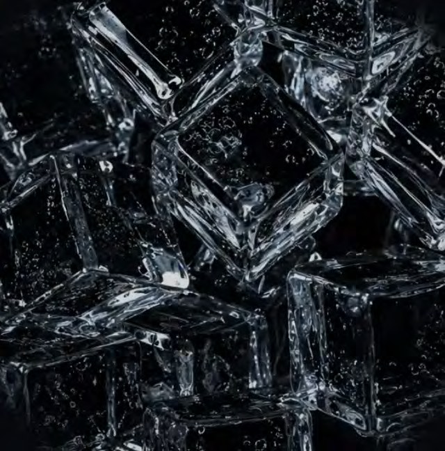 A close-up of clear ice cubes