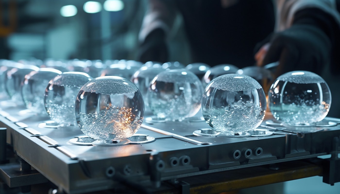 Clear spherical ice on a chilled tray